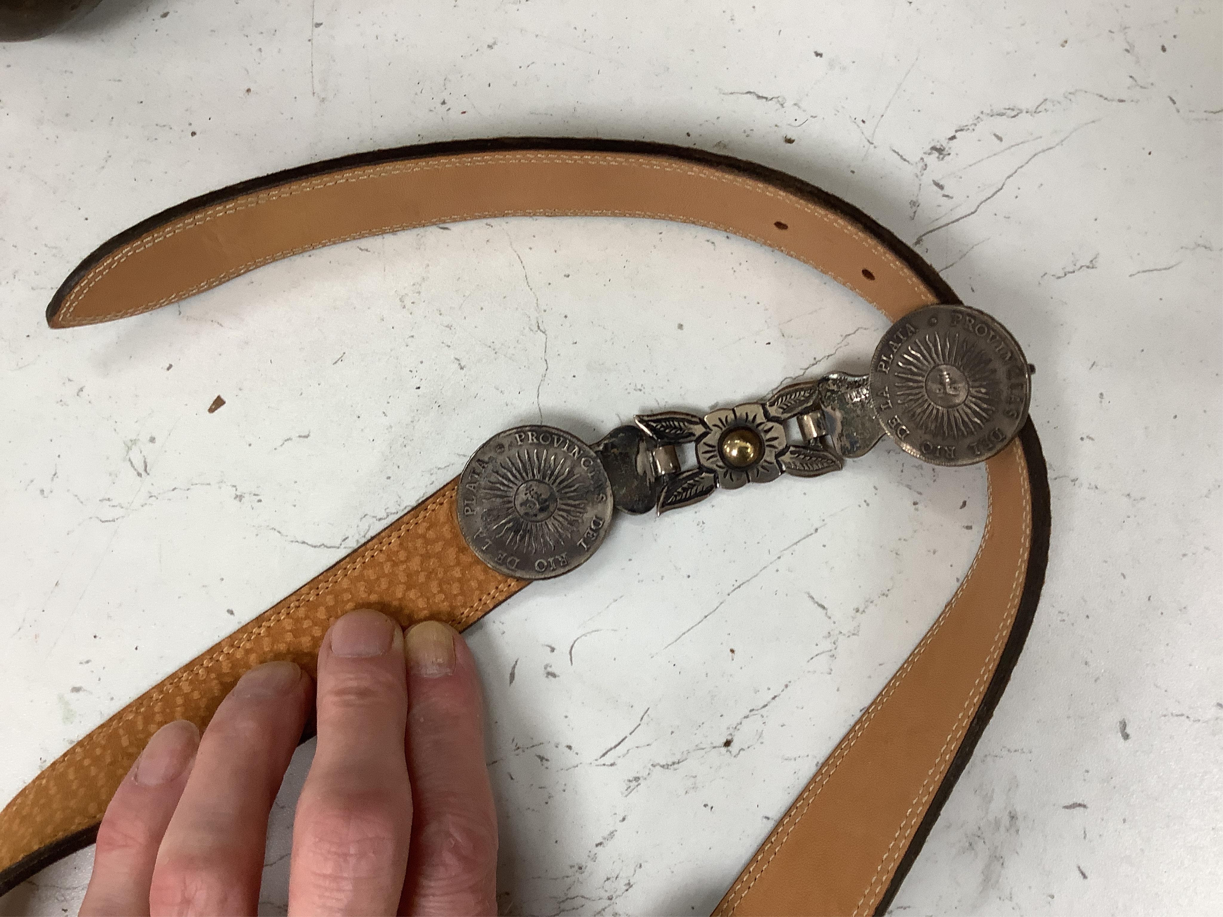 A group of Argentinian Gaucho spurs, bolas, bull whip, daggers and hanger, Longest 100cm